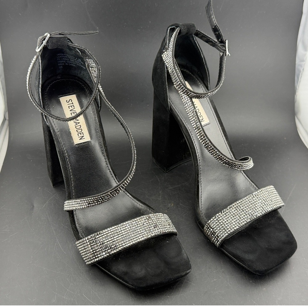 Steve Madden Varali Black Rhinestone Block Heel Sandals-, VRLI01S1, Womens 8.5M